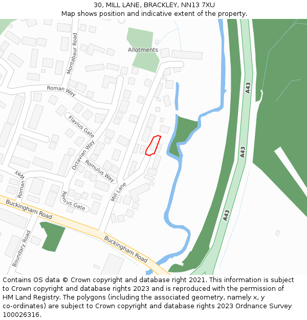 30, MILL LANE, BRACKLEY, NN13 7XU: Location map and indicative extent of plot