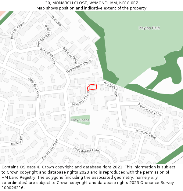 30, MONARCH CLOSE, WYMONDHAM, NR18 0FZ: Location map and indicative extent of plot