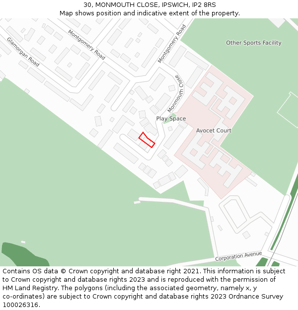 30, MONMOUTH CLOSE, IPSWICH, IP2 8RS: Location map and indicative extent of plot