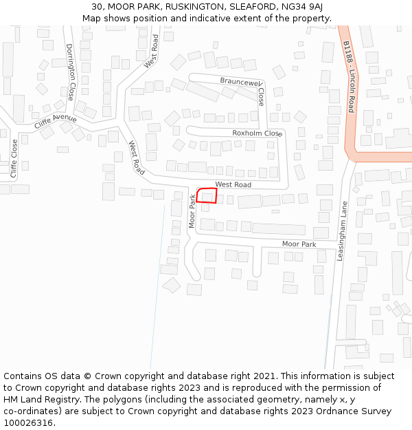 30, MOOR PARK, RUSKINGTON, SLEAFORD, NG34 9AJ: Location map and indicative extent of plot