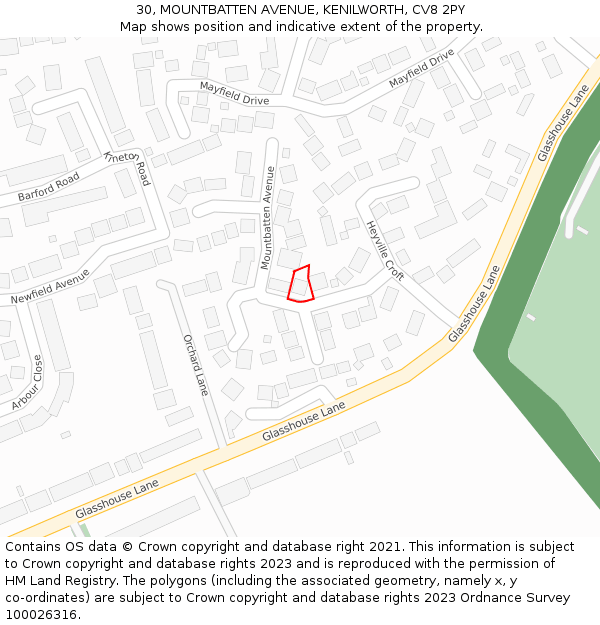 30, MOUNTBATTEN AVENUE, KENILWORTH, CV8 2PY: Location map and indicative extent of plot