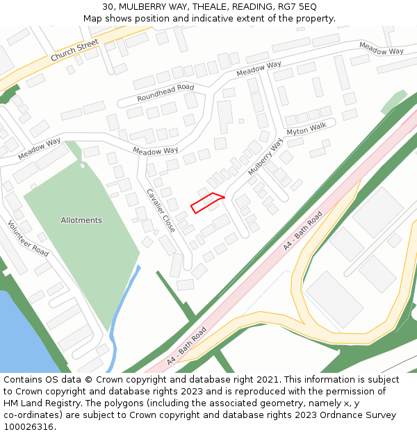 30, MULBERRY WAY, THEALE, READING, RG7 5EQ: Location map and indicative extent of plot