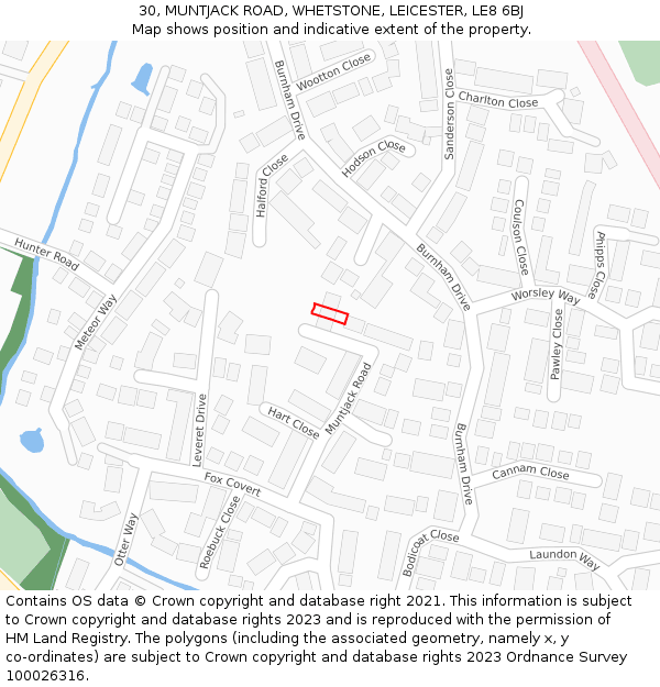 30, MUNTJACK ROAD, WHETSTONE, LEICESTER, LE8 6BJ: Location map and indicative extent of plot