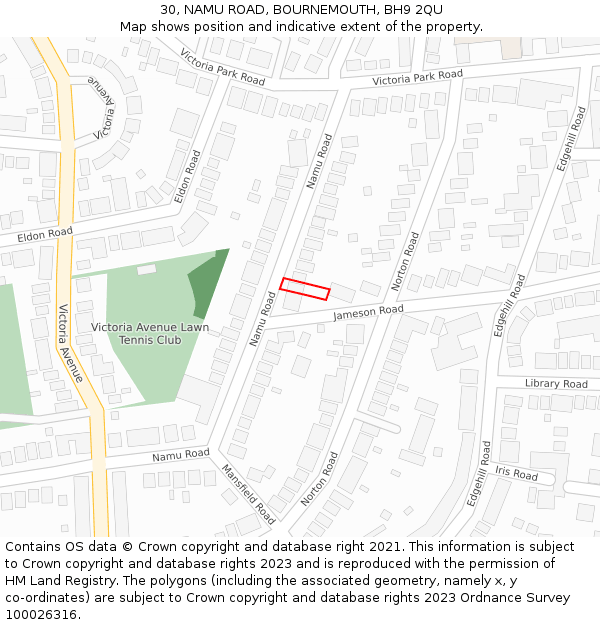 30, NAMU ROAD, BOURNEMOUTH, BH9 2QU: Location map and indicative extent of plot