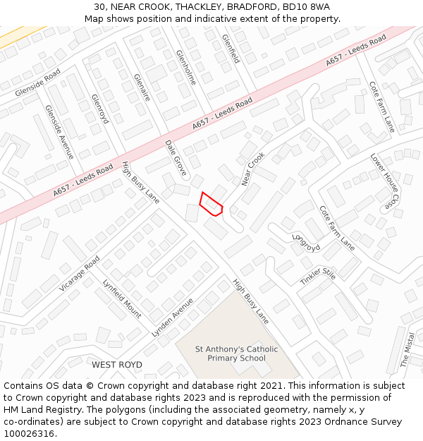 30, NEAR CROOK, THACKLEY, BRADFORD, BD10 8WA: Location map and indicative extent of plot