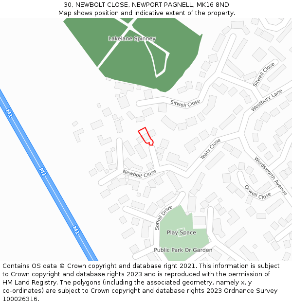 30, NEWBOLT CLOSE, NEWPORT PAGNELL, MK16 8ND: Location map and indicative extent of plot