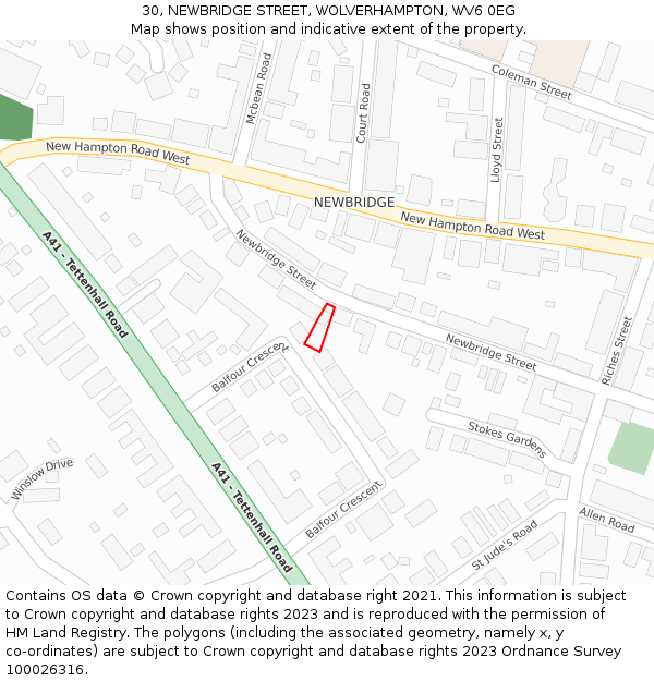 30, NEWBRIDGE STREET, WOLVERHAMPTON, WV6 0EG: Location map and indicative extent of plot