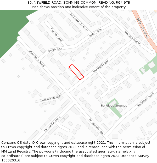 30, NEWFIELD ROAD, SONNING COMMON, READING, RG4 9TB: Location map and indicative extent of plot