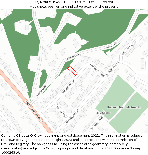 30, NORFOLK AVENUE, CHRISTCHURCH, BH23 2SE: Location map and indicative extent of plot