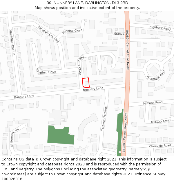 30, NUNNERY LANE, DARLINGTON, DL3 9BD: Location map and indicative extent of plot