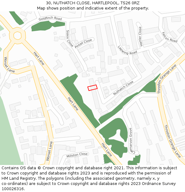 30, NUTHATCH CLOSE, HARTLEPOOL, TS26 0RZ: Location map and indicative extent of plot