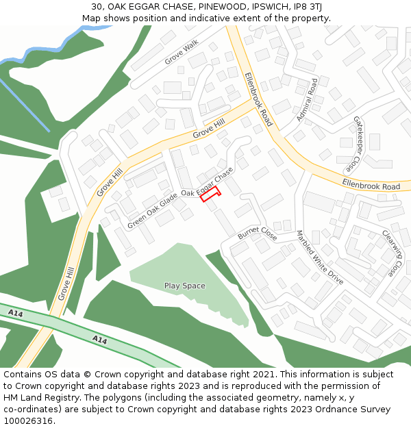30, OAK EGGAR CHASE, PINEWOOD, IPSWICH, IP8 3TJ: Location map and indicative extent of plot