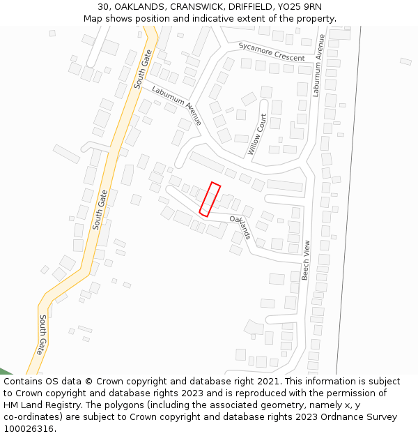 30, OAKLANDS, CRANSWICK, DRIFFIELD, YO25 9RN: Location map and indicative extent of plot