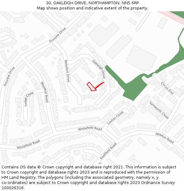 30, OAKLEIGH DRIVE, NORTHAMPTON, NN5 6RP: Location map and indicative extent of plot
