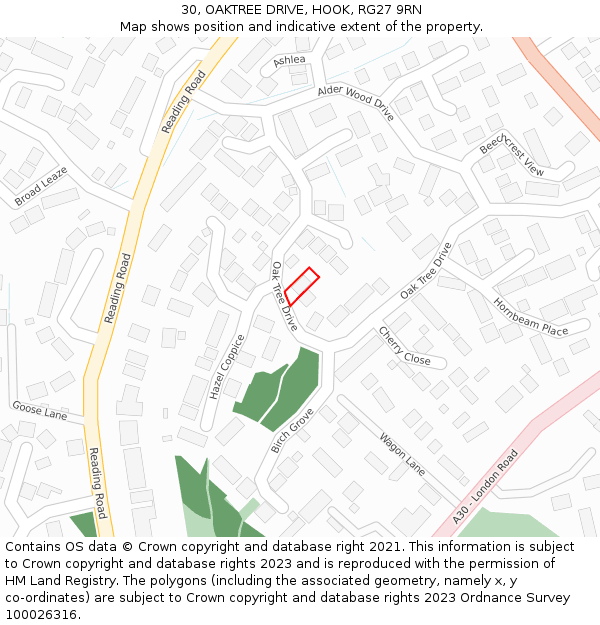 30, OAKTREE DRIVE, HOOK, RG27 9RN: Location map and indicative extent of plot