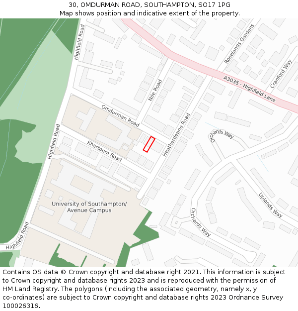 30, OMDURMAN ROAD, SOUTHAMPTON, SO17 1PG: Location map and indicative extent of plot