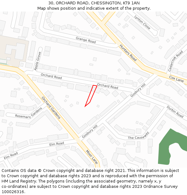 30, ORCHARD ROAD, CHESSINGTON, KT9 1AN: Location map and indicative extent of plot