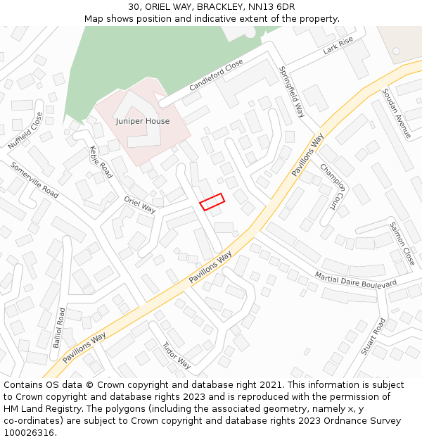 30, ORIEL WAY, BRACKLEY, NN13 6DR: Location map and indicative extent of plot