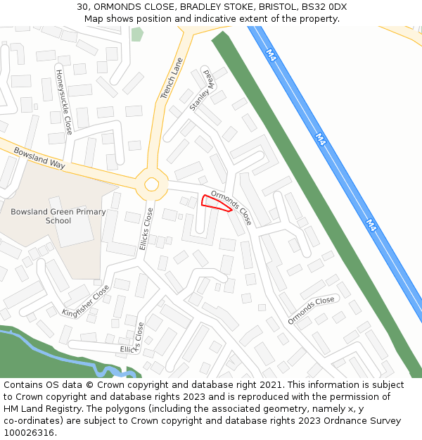 30, ORMONDS CLOSE, BRADLEY STOKE, BRISTOL, BS32 0DX: Location map and indicative extent of plot