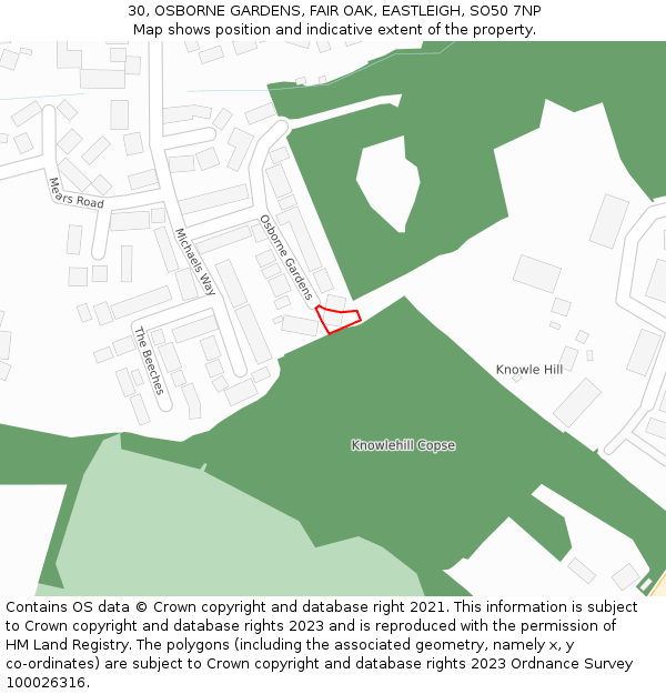 30, OSBORNE GARDENS, FAIR OAK, EASTLEIGH, SO50 7NP: Location map and indicative extent of plot