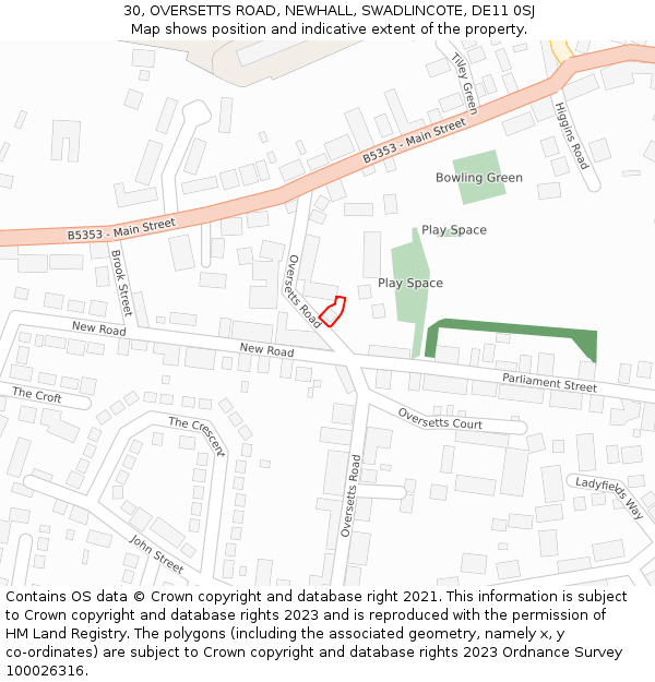 30, OVERSETTS ROAD, NEWHALL, SWADLINCOTE, DE11 0SJ: Location map and indicative extent of plot