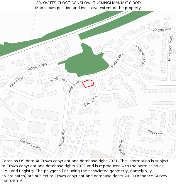 30, OVITTS CLOSE, WINSLOW, BUCKINGHAM, MK18 3QD: Location map and indicative extent of plot