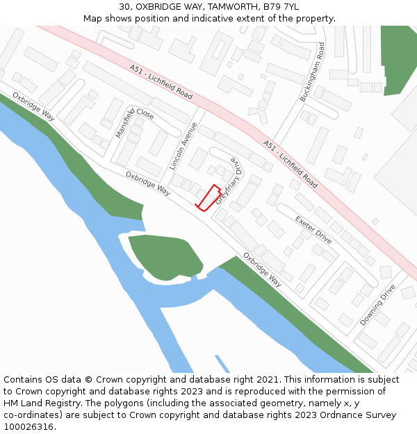 30, OXBRIDGE WAY, TAMWORTH, B79 7YL: Location map and indicative extent of plot