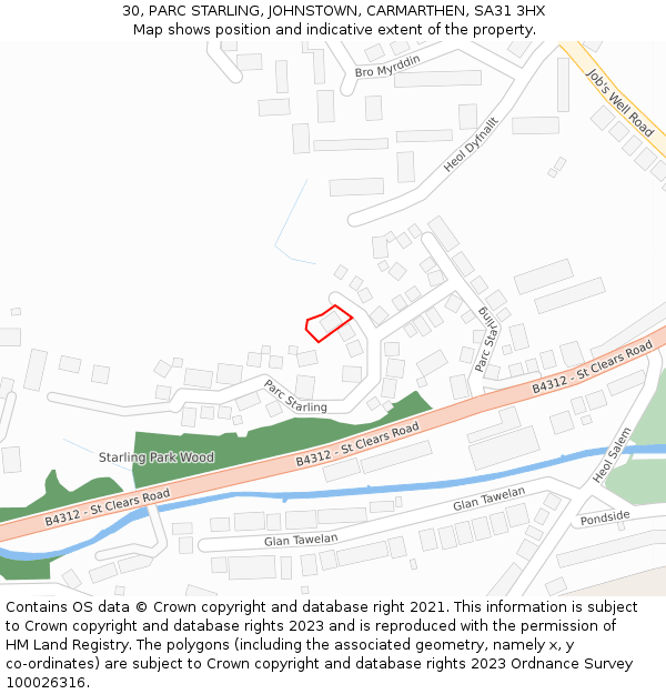 30, PARC STARLING, JOHNSTOWN, CARMARTHEN, SA31 3HX: Location map and indicative extent of plot