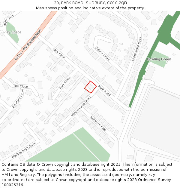 30, PARK ROAD, SUDBURY, CO10 2QB: Location map and indicative extent of plot