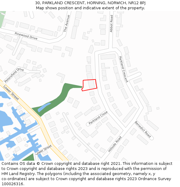 30, PARKLAND CRESCENT, HORNING, NORWICH, NR12 8PJ: Location map and indicative extent of plot