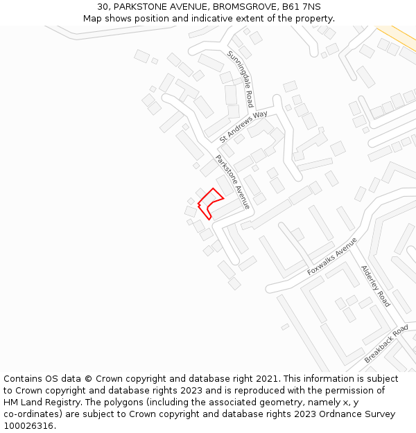 30, PARKSTONE AVENUE, BROMSGROVE, B61 7NS: Location map and indicative extent of plot
