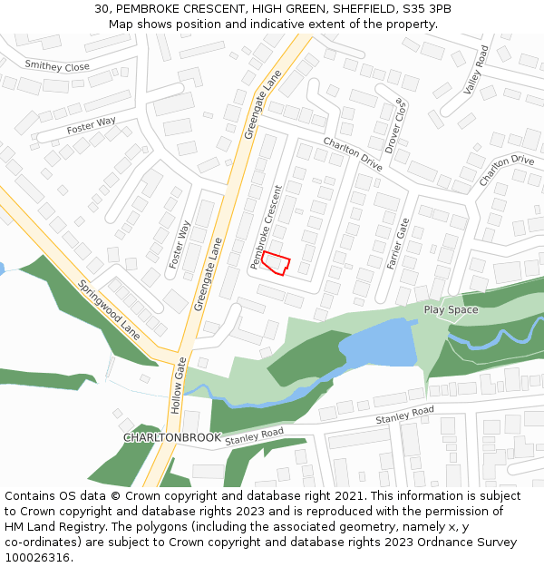 30, PEMBROKE CRESCENT, HIGH GREEN, SHEFFIELD, S35 3PB: Location map and indicative extent of plot