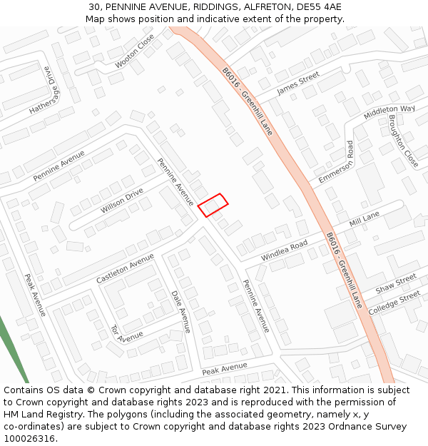 30, PENNINE AVENUE, RIDDINGS, ALFRETON, DE55 4AE: Location map and indicative extent of plot