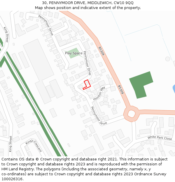 30, PENNYMOOR DRIVE, MIDDLEWICH, CW10 9QQ: Location map and indicative extent of plot