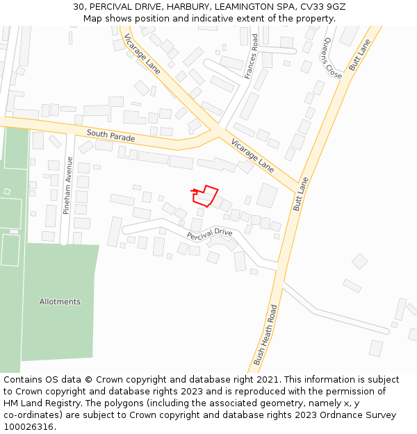 30, PERCIVAL DRIVE, HARBURY, LEAMINGTON SPA, CV33 9GZ: Location map and indicative extent of plot