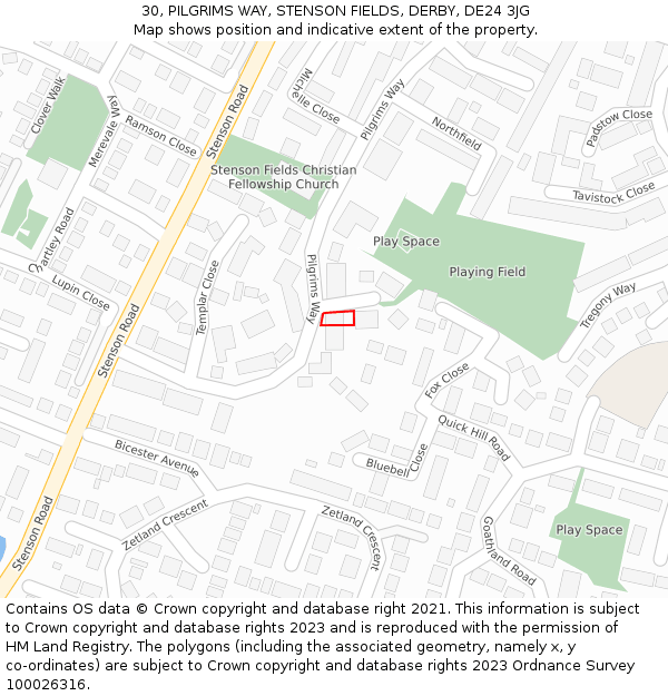 30, PILGRIMS WAY, STENSON FIELDS, DERBY, DE24 3JG: Location map and indicative extent of plot