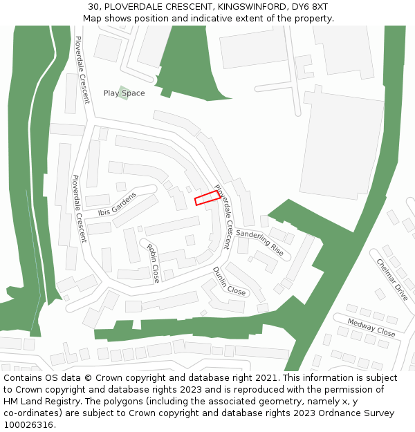 30, PLOVERDALE CRESCENT, KINGSWINFORD, DY6 8XT: Location map and indicative extent of plot