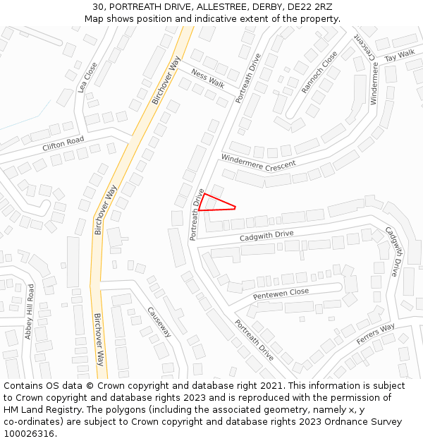 30, PORTREATH DRIVE, ALLESTREE, DERBY, DE22 2RZ: Location map and indicative extent of plot
