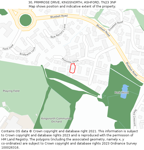 30, PRIMROSE DRIVE, KINGSNORTH, ASHFORD, TN23 3NP: Location map and indicative extent of plot