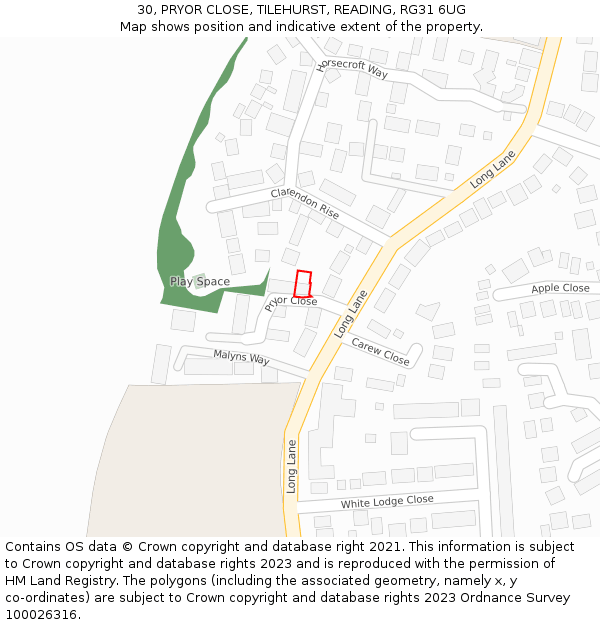30, PRYOR CLOSE, TILEHURST, READING, RG31 6UG: Location map and indicative extent of plot