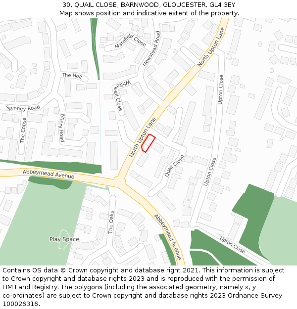 30, QUAIL CLOSE, BARNWOOD, GLOUCESTER, GL4 3EY: Location map and indicative extent of plot