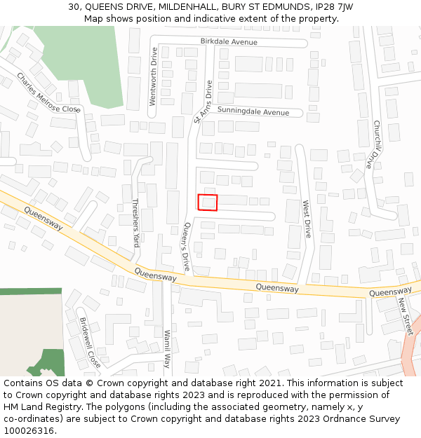 30, QUEENS DRIVE, MILDENHALL, BURY ST EDMUNDS, IP28 7JW: Location map and indicative extent of plot