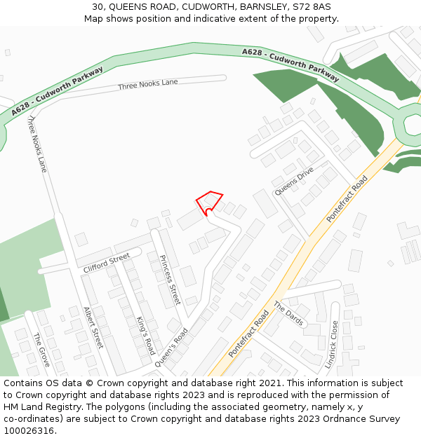 30, QUEENS ROAD, CUDWORTH, BARNSLEY, S72 8AS: Location map and indicative extent of plot