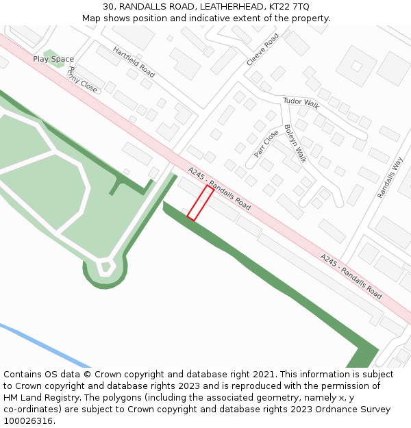 30, RANDALLS ROAD, LEATHERHEAD, KT22 7TQ: Location map and indicative extent of plot