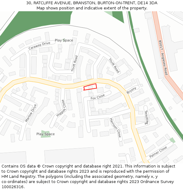 30, RATCLIFFE AVENUE, BRANSTON, BURTON-ON-TRENT, DE14 3DA: Location map and indicative extent of plot