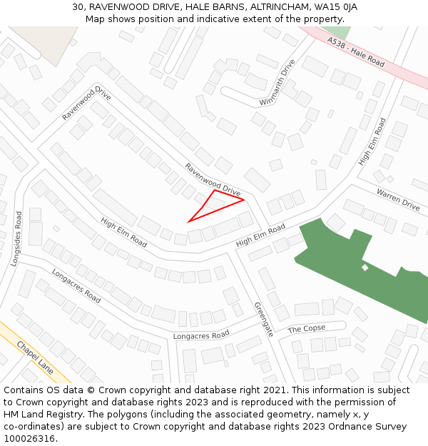 30, RAVENWOOD DRIVE, HALE BARNS, ALTRINCHAM, WA15 0JA: Location map and indicative extent of plot