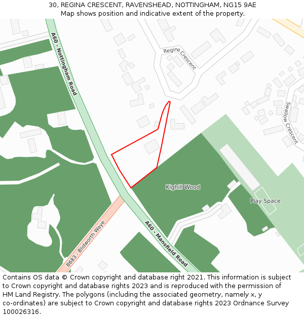 30, REGINA CRESCENT, RAVENSHEAD, NOTTINGHAM, NG15 9AE: Location map and indicative extent of plot