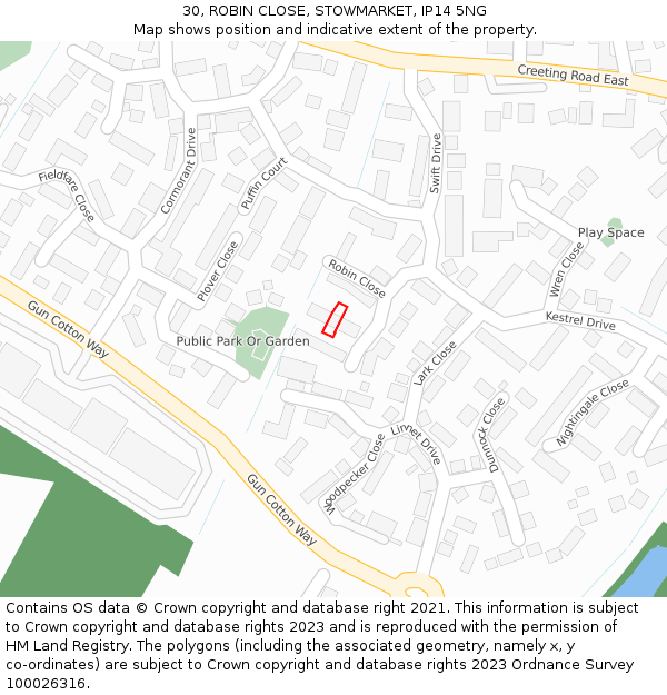 30, ROBIN CLOSE, STOWMARKET, IP14 5NG: Location map and indicative extent of plot