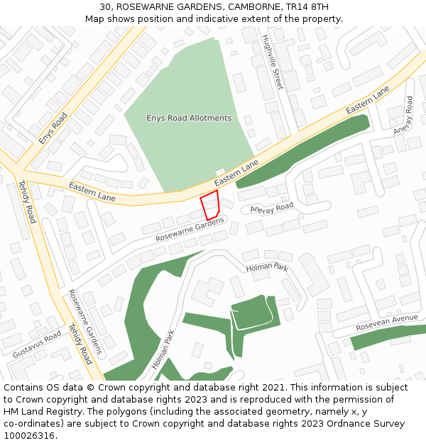 30, ROSEWARNE GARDENS, CAMBORNE, TR14 8TH: Location map and indicative extent of plot