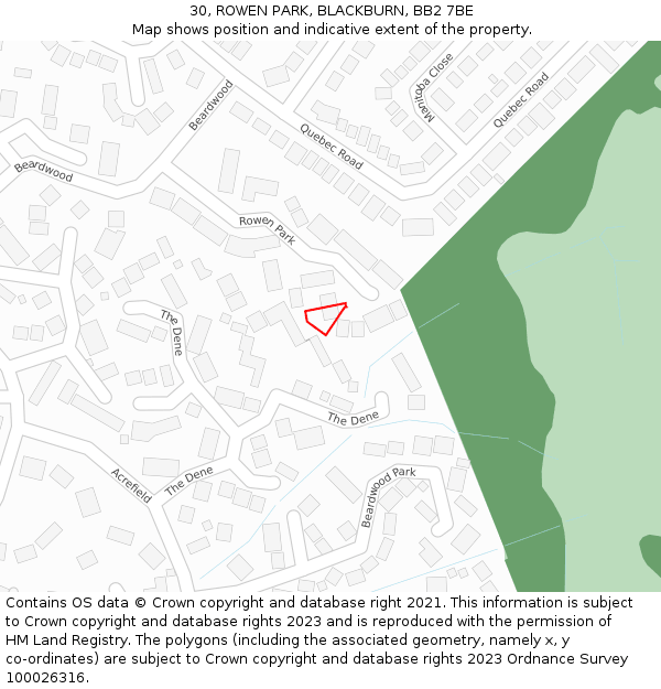 30, ROWEN PARK, BLACKBURN, BB2 7BE: Location map and indicative extent of plot